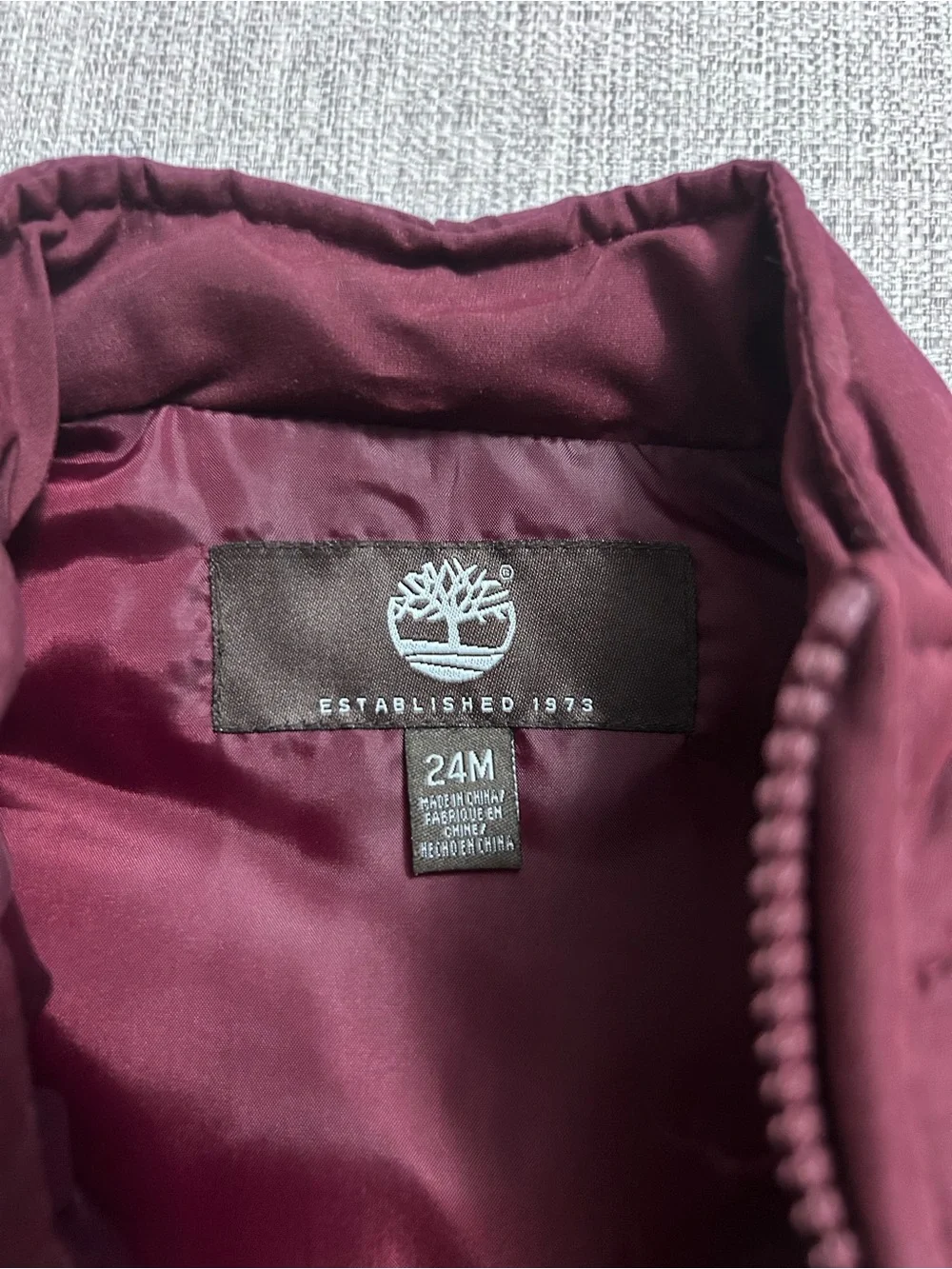 Timberland Kids Maroon Quilter Puffer Vest with Navy Accent. Size 24M
